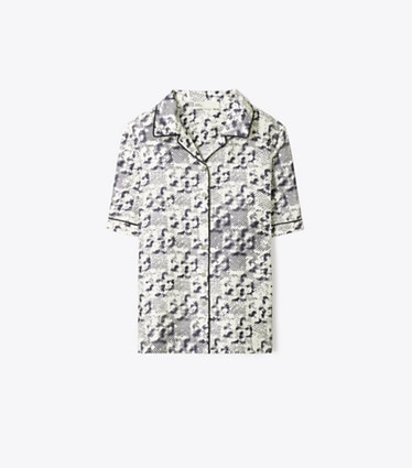 Tory Burch designer copricostume Camicia Camp in seta in New Ivory Distressed Pixelated Logo front