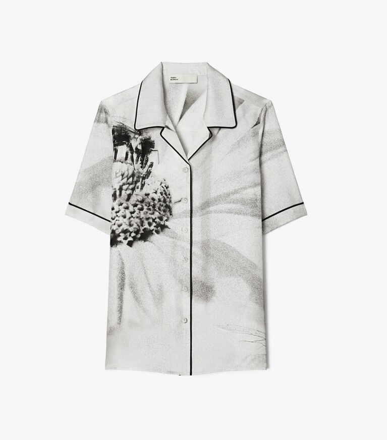 Tory Burch designer copricostume Camicia Camp in seta in Gray Bee front