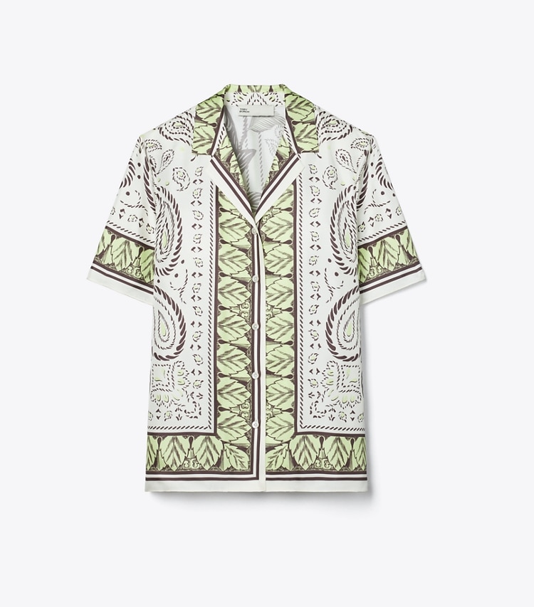 Tory Burch designer copricostume Camicia Camp in seta in Mint Cockatoo front