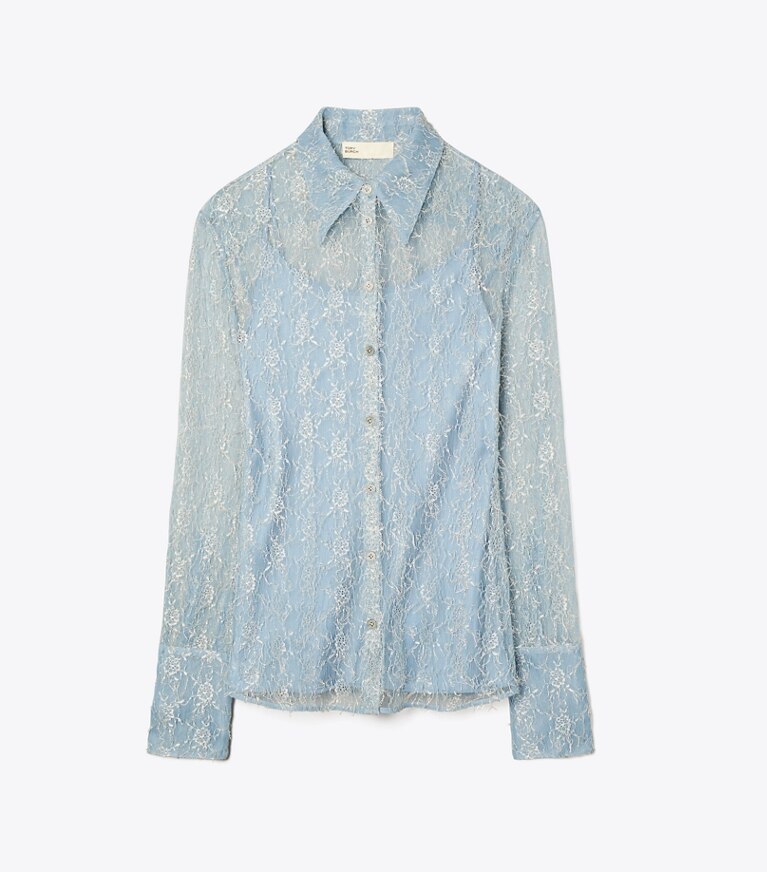 Tory Burch designer tops Camicia Chantilly in pizzo fil coupé in Blue Porcelain front
