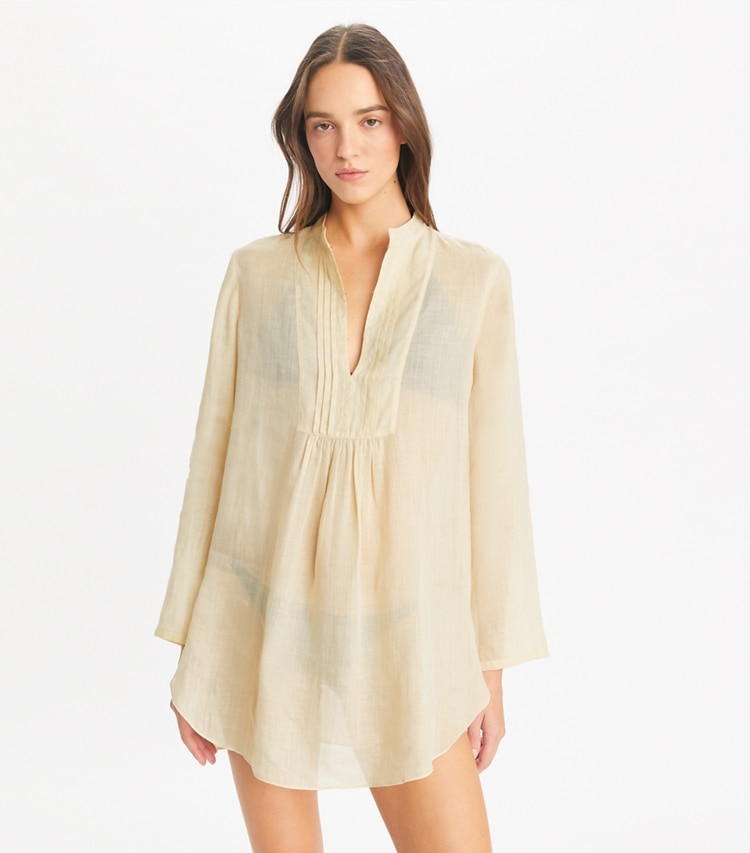 Tory Burch designer copricostume Camicia da spiaggia in ramia in Birch on model detail
