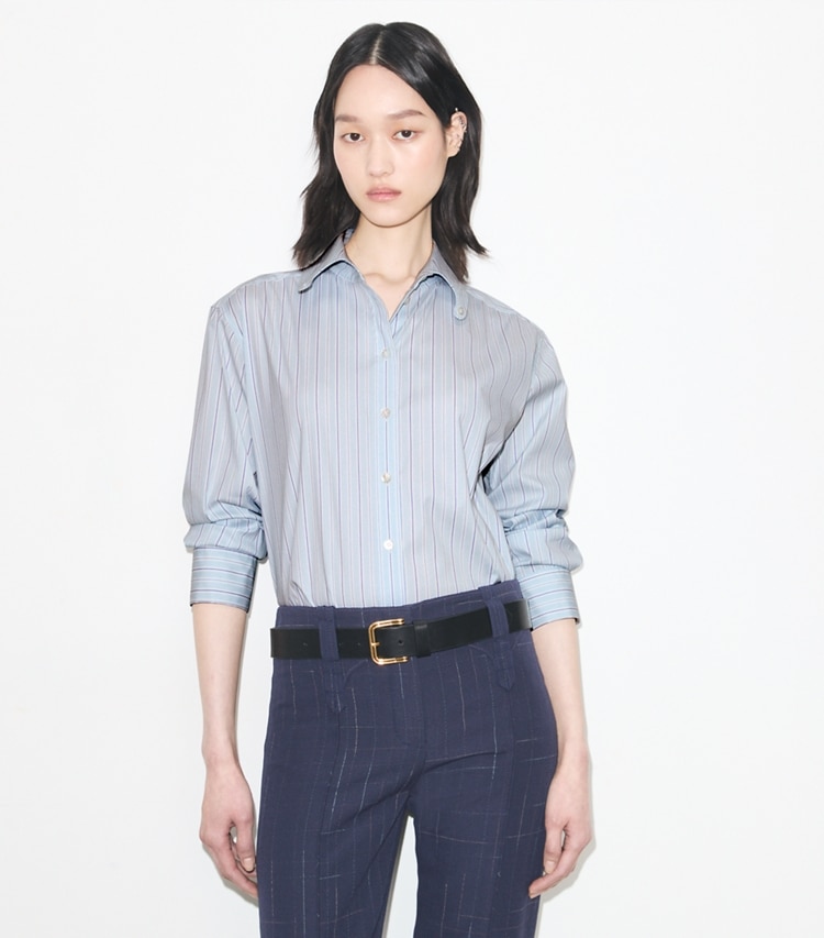 Tory Burch designer tops Camicia in cotone a righe in Blue Stripe on model detail