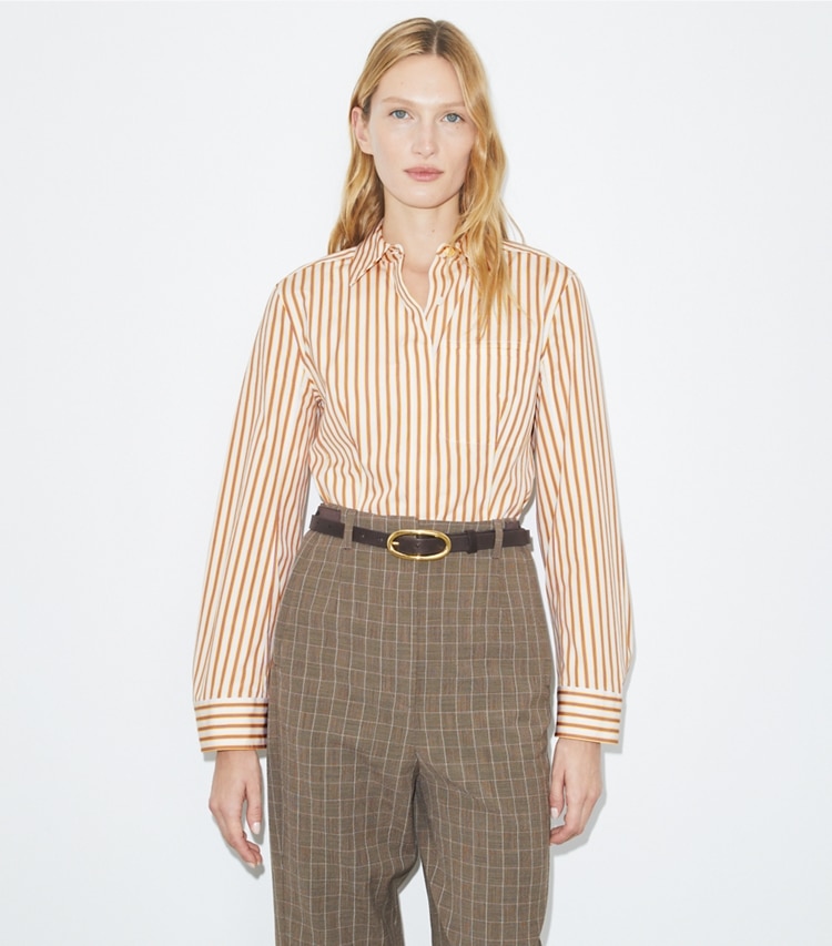 Tory Burch designer tops Camicia in cotone con maniche a campana in Yellow Stripe on model detail