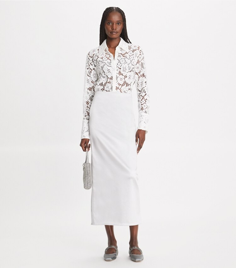 Tory Burch designer tops Camicia in pizzo con risvolto in White parte anteriore su modella