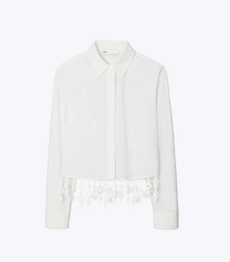 Tory Burch designer tops Camicia in popeline decorata con cristalli in White front