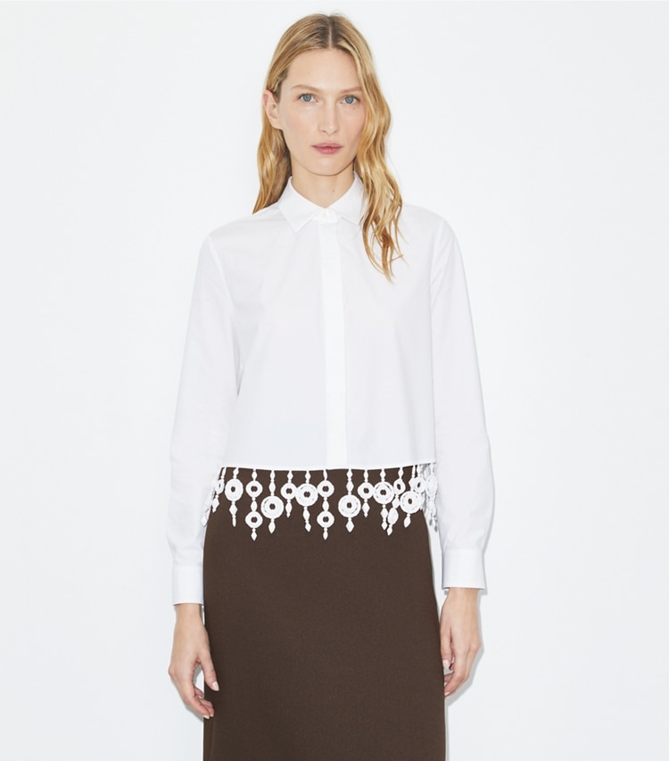 Tory Burch designer tops Camicia in popeline decorata con cristalli in White on model detail