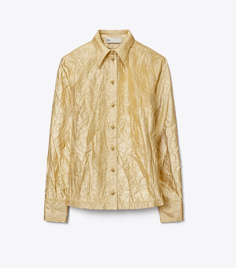 Tory Burch designer tops Camicia in seta con effetto stropicciato in White / Gold front