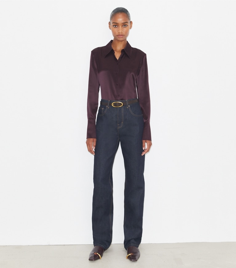 Tory Burch designer tops Camicia in seta con polsini in Dark Garnet front