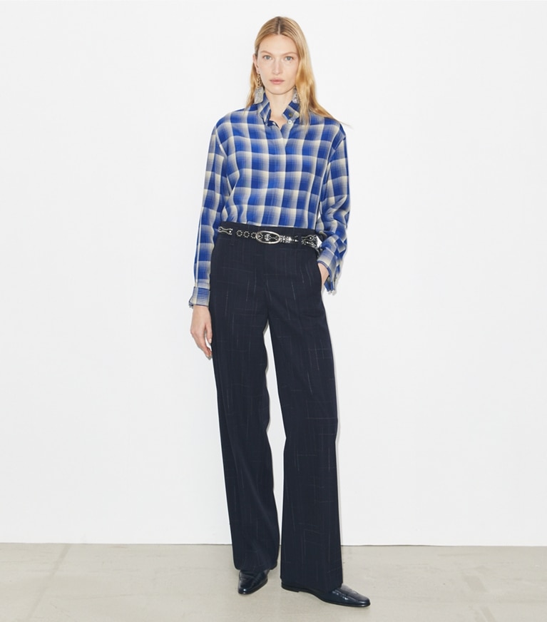 Tory Burch designer tops Camicia in viscosa con motivo tartan in Blue / Ivory front