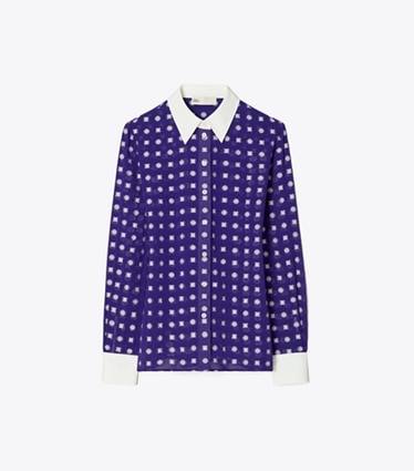 Tory Burch designer tops Camicia jacquard color-block in Ballpoint Ink Nothing Ditsy front
