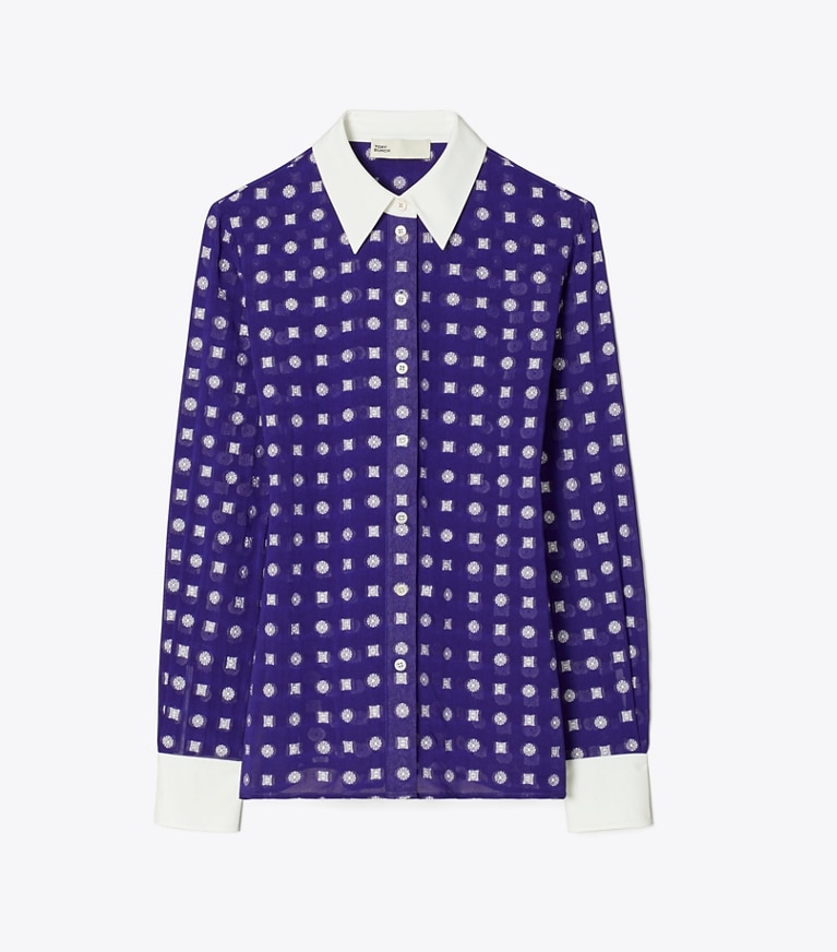Tory Burch designer tops Camicia jacquard color-block in Ballpoint Ink Nothing Ditsy front