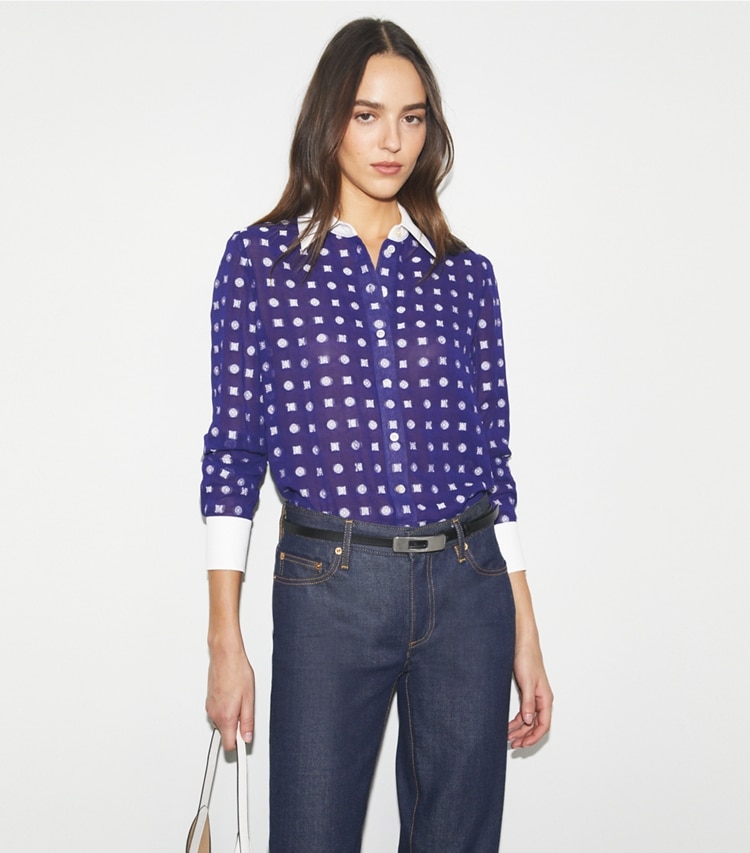 Tory Burch designer tops Camicia jacquard color-block in Ballpoint Ink Nothing Ditsy on model detail