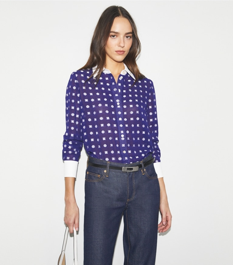 Tory Burch designer tops Camicia jacquard color-block in Ballpoint Ink Nothing Ditsy on model detail