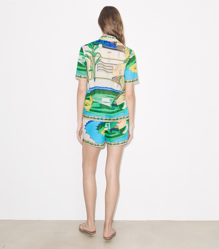 Tory Burch designer copricostume Camicia stampata in The Pool Blue on model back