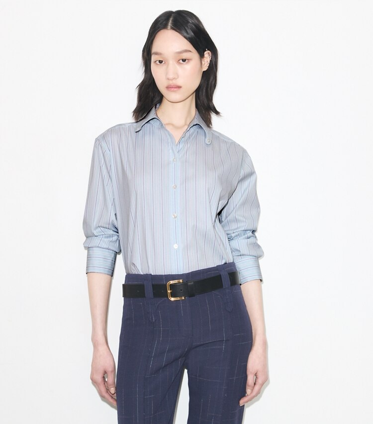 Tory Burch diseñador tops Camisa de algodón a rayas en Blue Stripe detalle en modelo