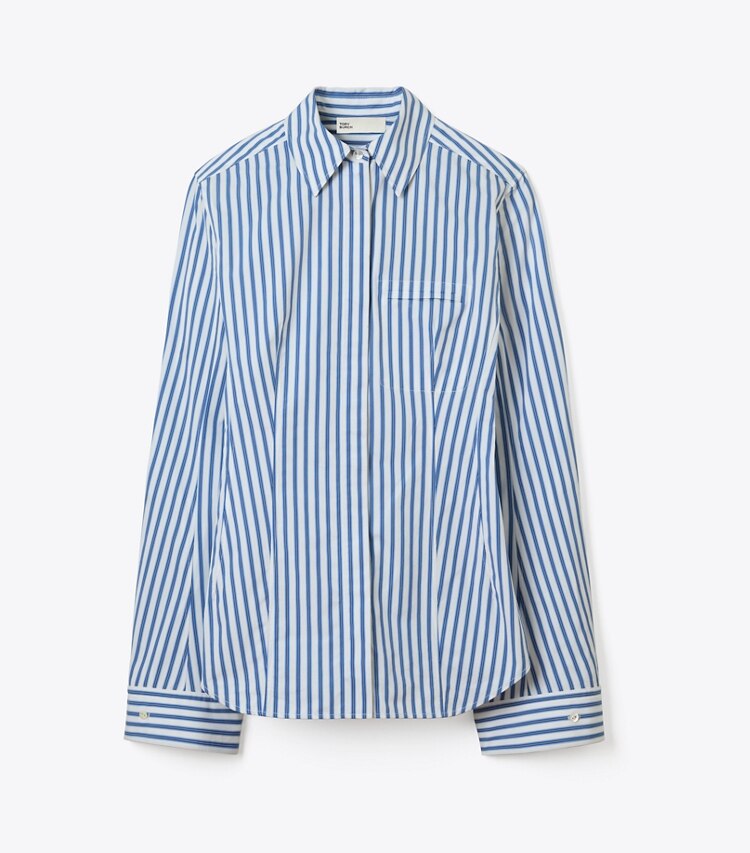 Tory Burch diseñador tops Camisa de algodón con mangas acampanadas en Blue Stripe frente