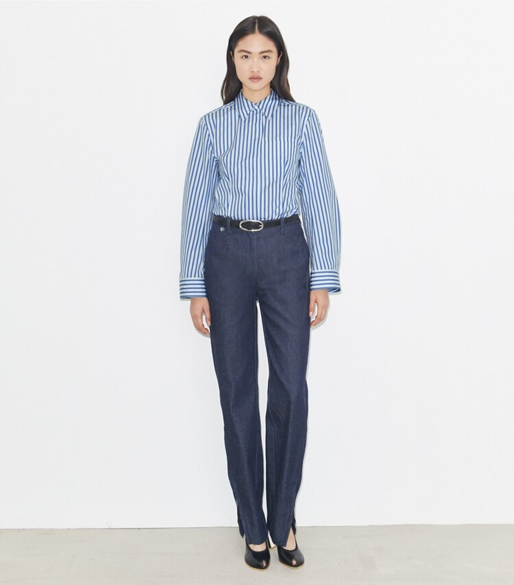 Tory Burch diseñador tops Camisa de algodón con mangas acampanadas en Blue Stripe frente en modelo