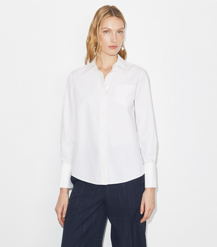Tory Burch diseñador tops Camisa de algodón en White detalle en modelo