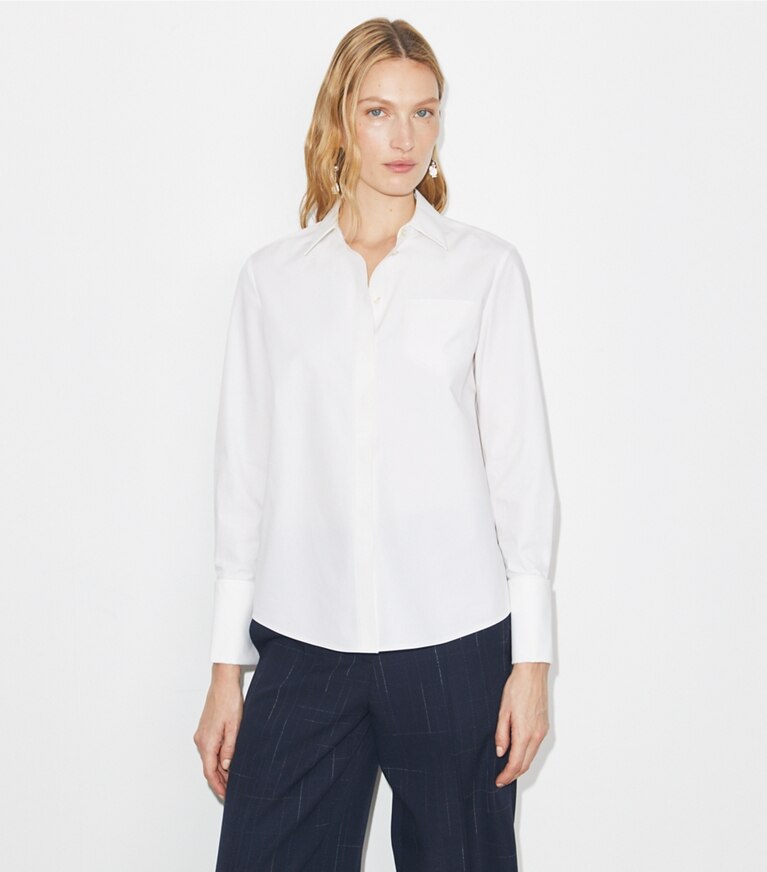 Tory Burch diseñador tops Camisa de algodón en White detalle en modelo