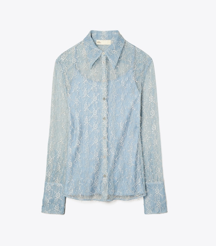 Tory Burch diseñador partes de arriba Camisa de encaje Chantilly fil coupé en Blue Porcelain frente