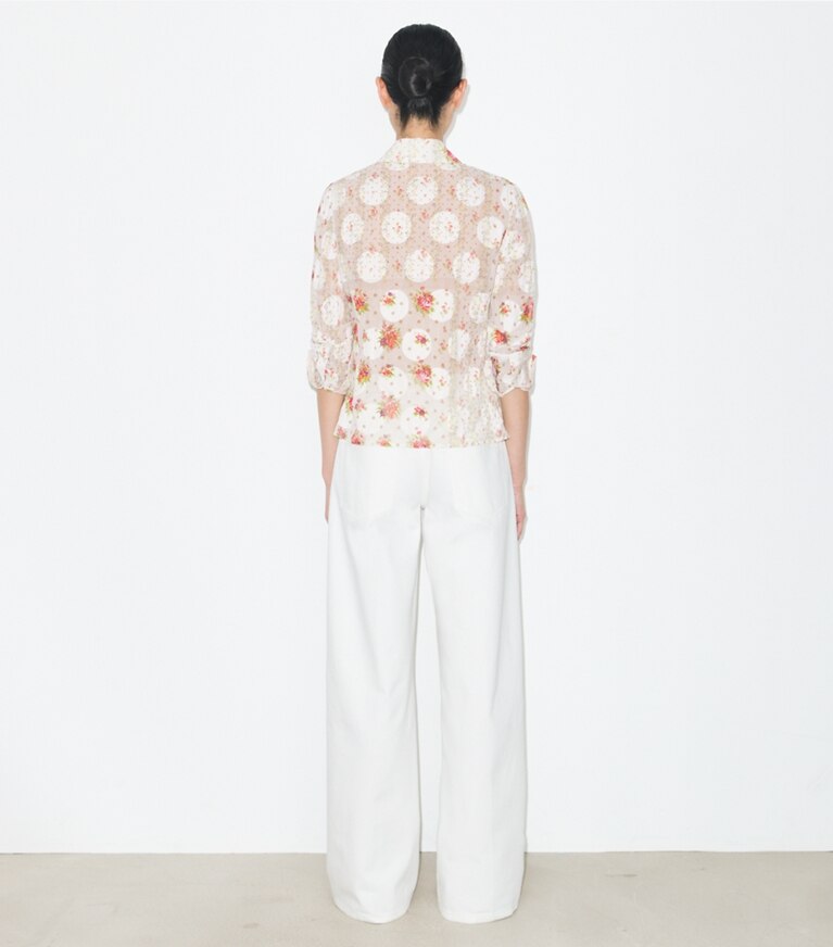 Tory Burch diseñador tops Camisa de jacquard de algodón en Multi Floral parte posterior en modelo