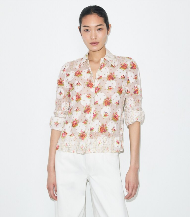 Tory Burch diseñador tops Camisa de jacquard de algodón en Multi Floral detalle en modelo