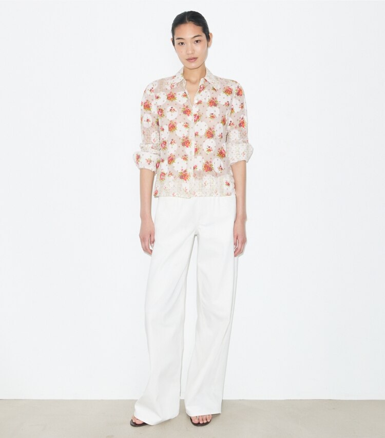 Tory Burch diseñador tops Camisa de jacquard de algodón en Multi Floral frente en modelo