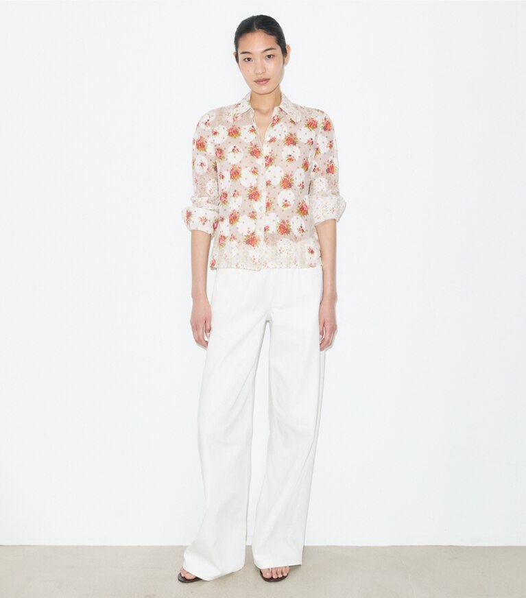 Tory Burch diseñador tops Camisa de jacquard de algodón en Multi Floral frente en modelo