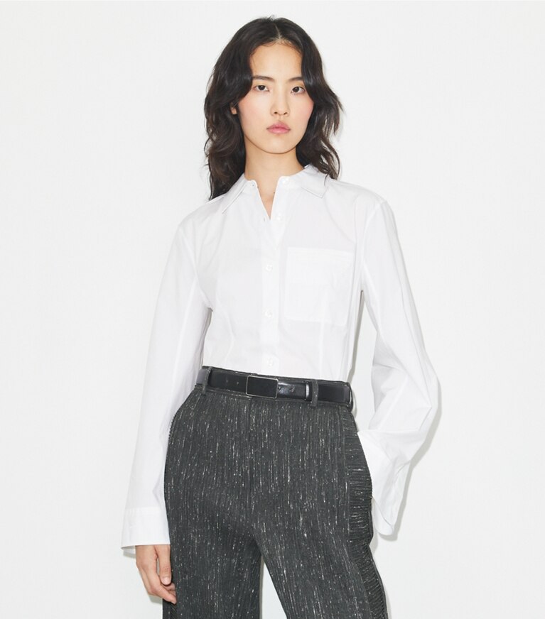 Tory Burch diseñador tops Camisa de poplín de algodón en White detalle en modelo