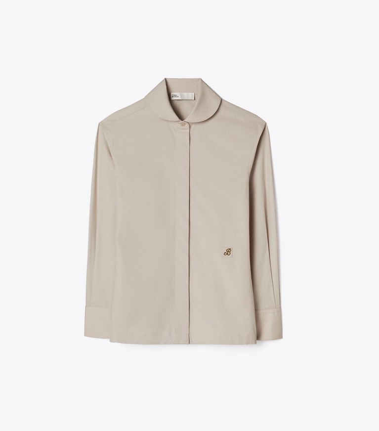 Tory Burch diseñador partes de arriba Camisa de poplín en Washed Taupe frente