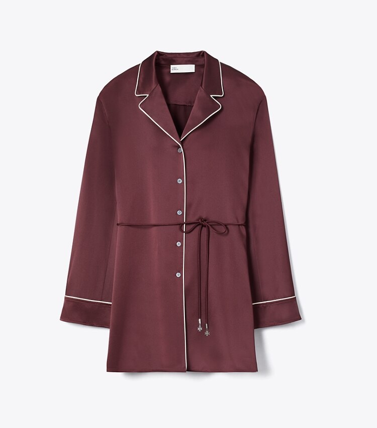 Tory Burch diseñador partes de arriba Camisa de satén de seda en Mahogany frente