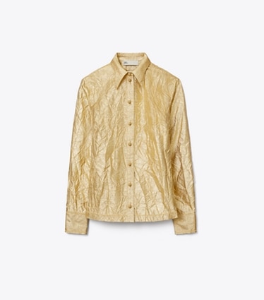 Tory Burch diseñador tops Camisa de seda arrugada en White / Gold frente
