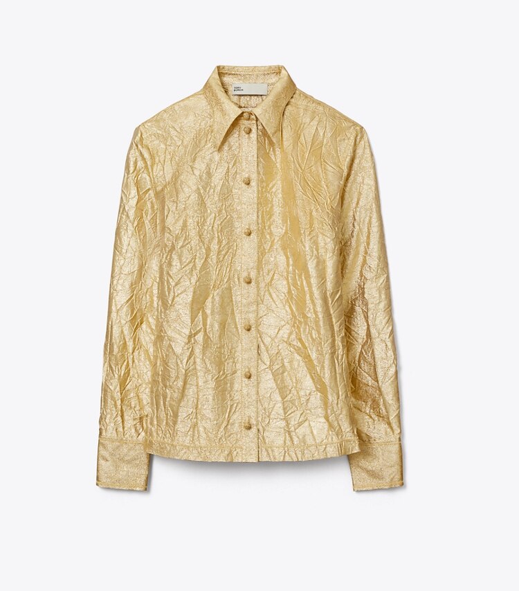 Tory Burch diseñador tops Camisa de seda arrugada en White / Gold frente