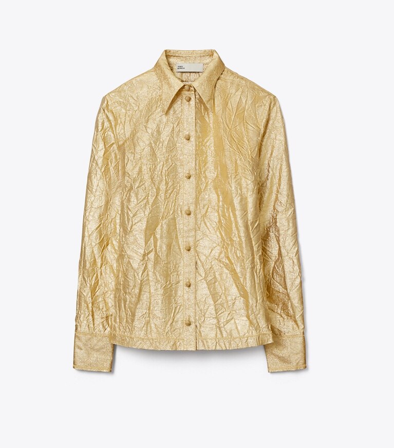 Tory Burch diseñador tops Camisa de seda arrugada en White / Gold frente
