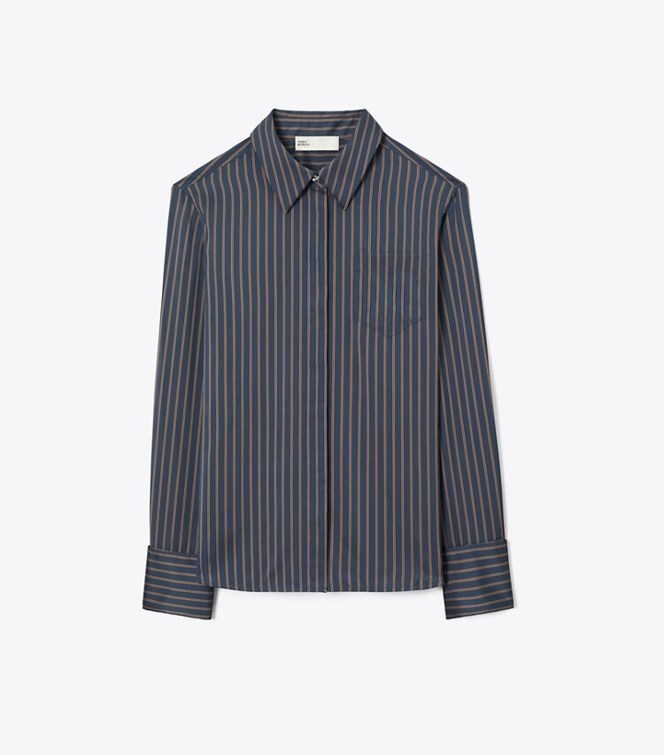 Tory Burch diseñador tops Camisa de viscosa Bunny Knot en Navy/Yellow/Red Menswear Stripe Lining frente