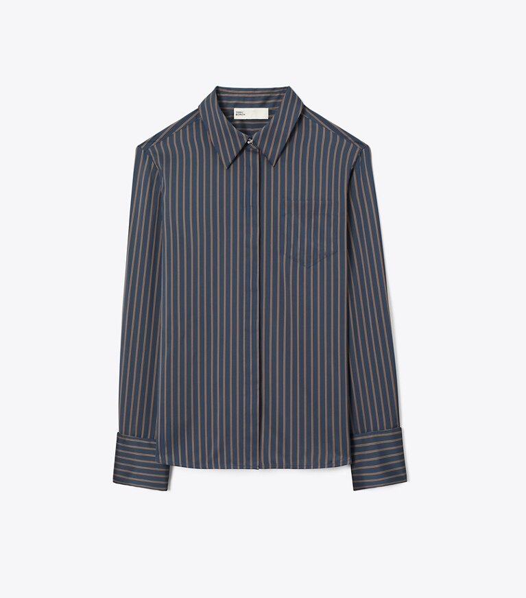 Tory Burch diseñador tops Camisa de viscosa Bunny Knot en Navy/Yellow/Red Menswear Stripe Lining frente