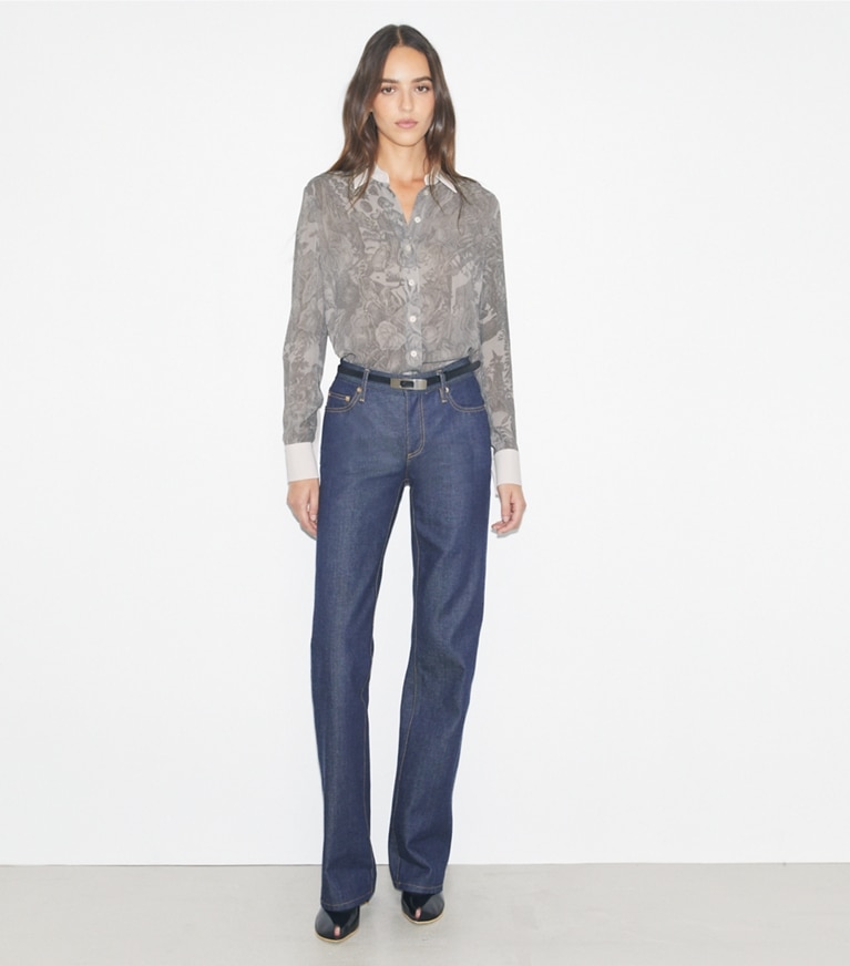 Tory Burch diseñador tops Camisa de viscosa estampada en Light Gray Alien Toile adicional en modelo
