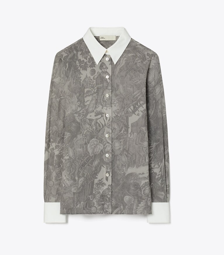 Tory Burch diseñador tops Camisa de viscosa estampada en Light Gray Alien Toile frente