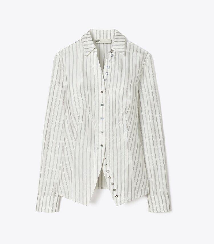 Tory Burch diseñador tops Camisa fruncida en White/Gray/Black Helios Striped Lining frente