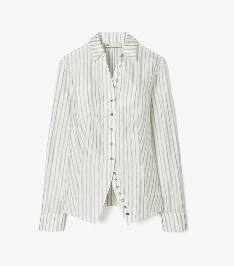 Tory Burch diseñador tops Camisa fruncida en White/Gray/Black Helios Striped Lining frente