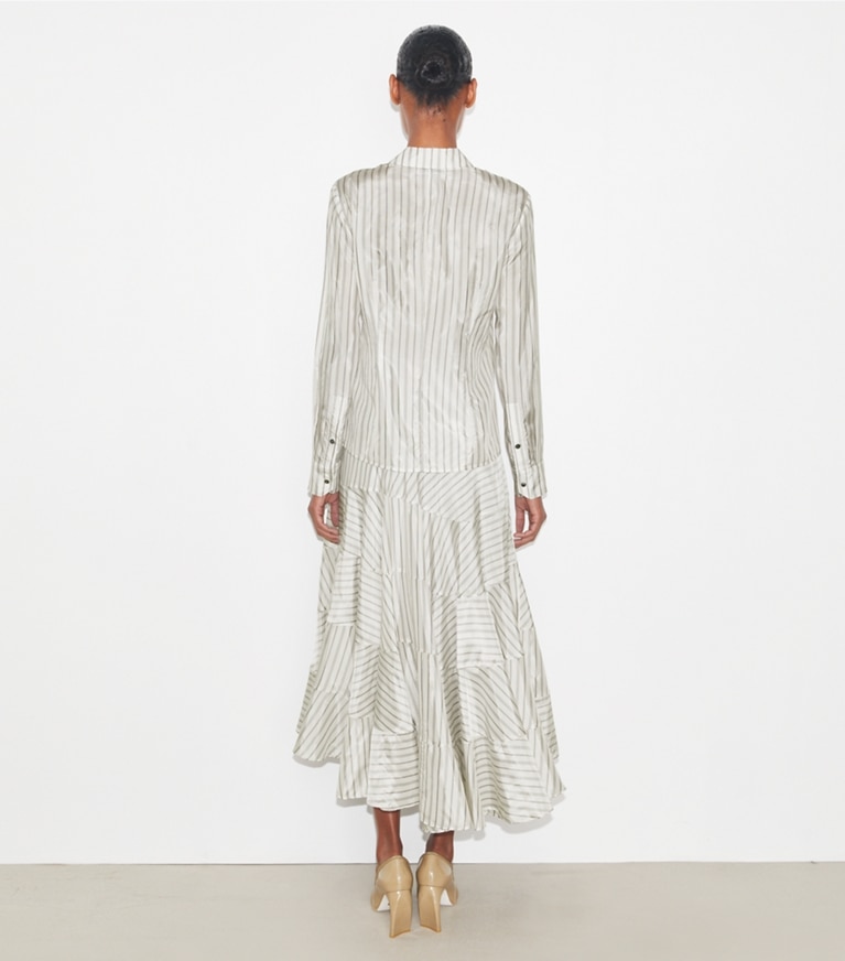 Tory Burch diseñador tops Camisa fruncida en White/Gray/Black Helios Striped Lining parte posterior en modelo