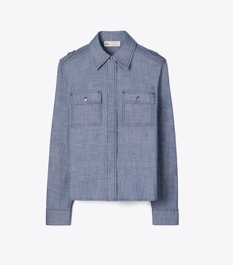 Tory Burch diseñador tops Camisa tipo camp de algodón en Blue Wash frente