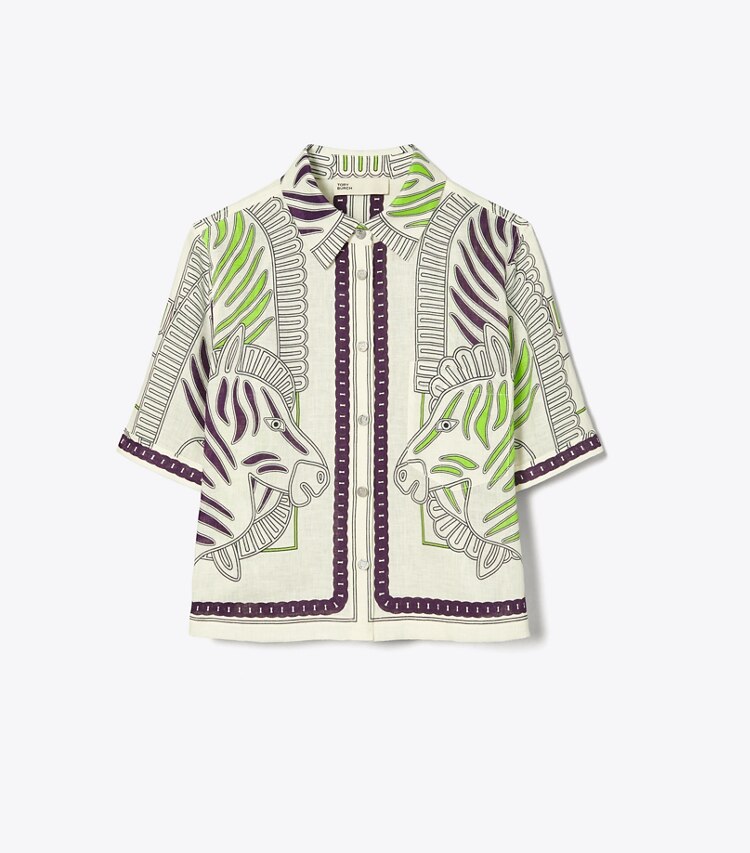Tory Burch diseñador ropa de playa Camisa tipo camp de lino estampado en Ivory Zebra Scarf frente