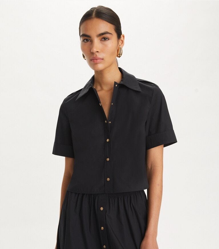 Tory Burch diseñador tops Camisa tipo camp de poplín en Black detalle en modelo