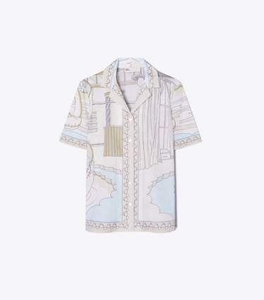 Tory Burch diseñador ropa de playa Camisa tipo camp estampada en The Pool Beige frente