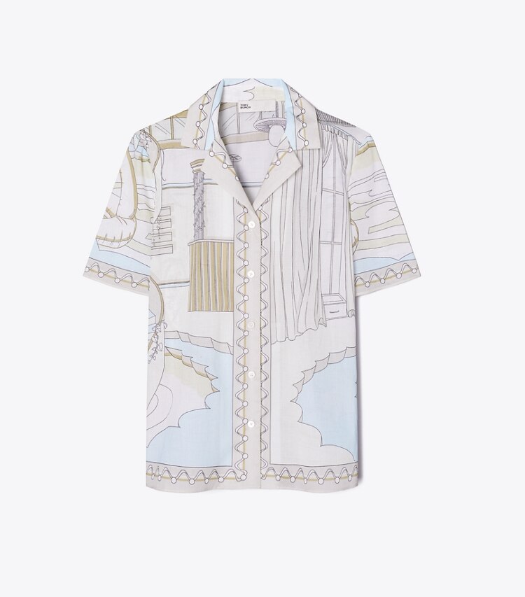Tory Burch diseñador ropa de playa Camisa tipo camp estampada en The Pool Beige frente