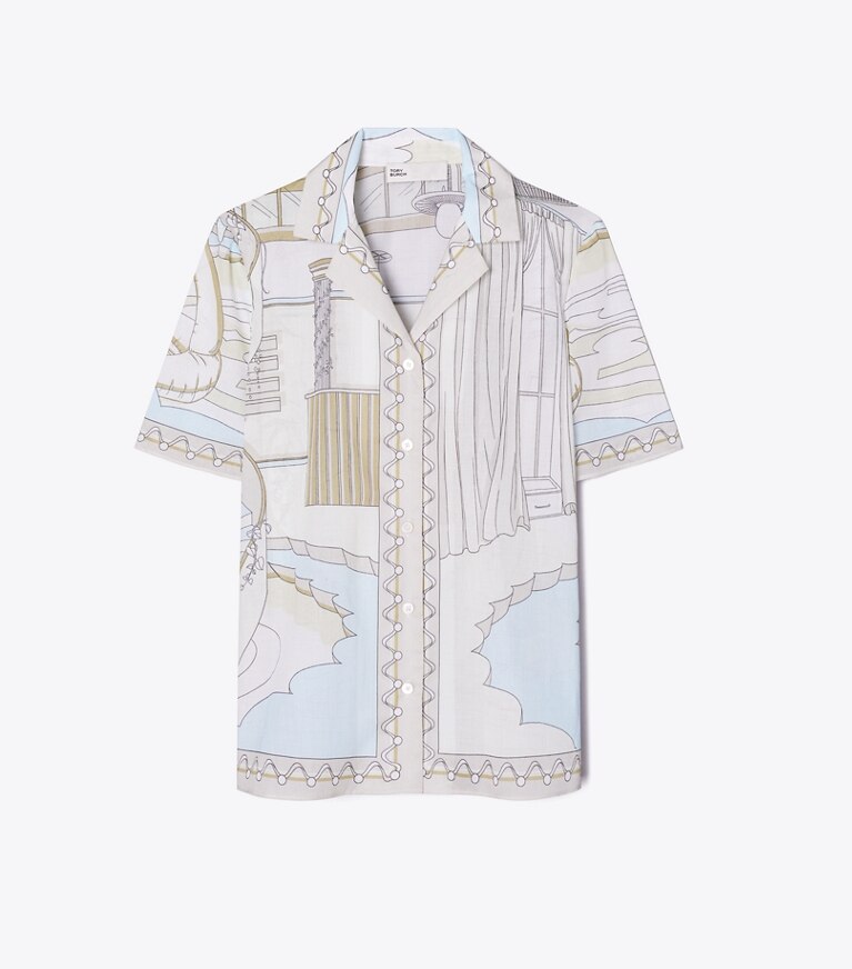 Tory Burch diseñador ropa de playa Camisa tipo camp estampada en The Pool Beige frente