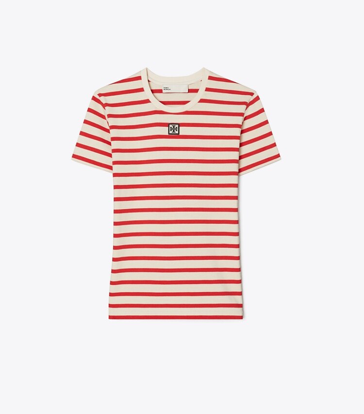 Tory Burch diseñador tops Camiseta de algodón a rayas en Light Ivory/Flash Red frente