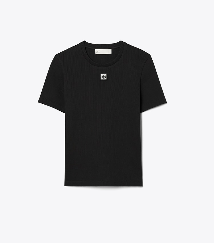Tory Burch diseñador tops Camiseta de algodón acanalada en Black frontal