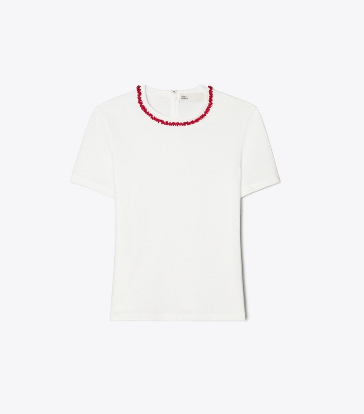 Tory Burch diseñador tops Camiseta de algodón con adornos en Snow White / Bright Red frente